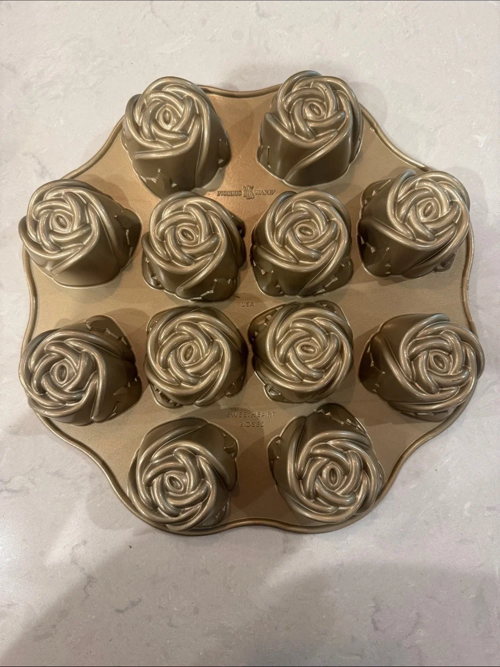 Nordic Ware Rose-Shaped 12-Cup Nonstick Cakelet Pan - Gold